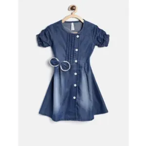 Girl's Denim Striped Sleeveless Round Neck Dress (Blue)
