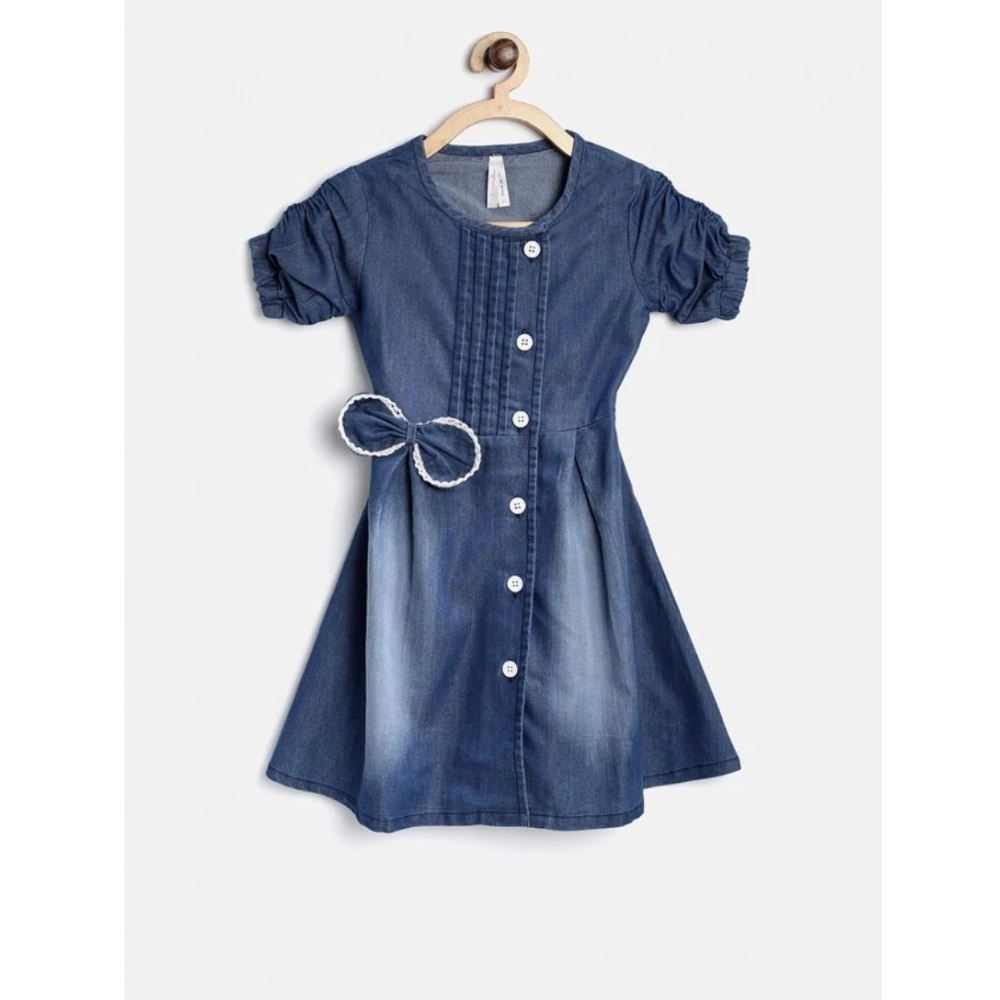 Girl's Denim Striped Sleeveless Round Neck Dress (Blue)