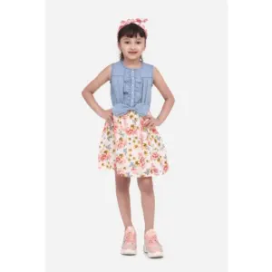 Girl's Denim-Cotton Floral Printed Sleeveless Round Neck Dress (Multicolor)