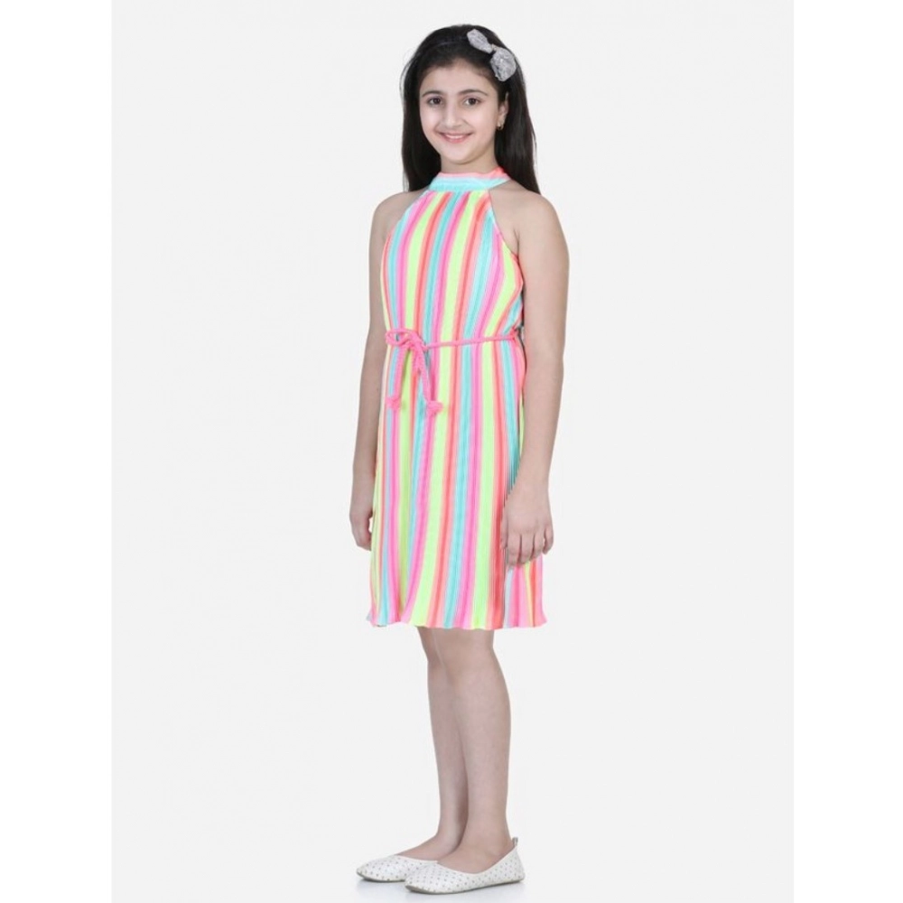 Girl's Polyester Crepe Striped Sleeveless Round Neck Dress (Multicolor) - Image 3