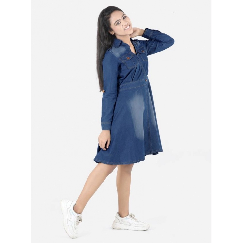 Girl's Denim Solid Long Sleeve Shirt collar Dress (Blue) - Image 3