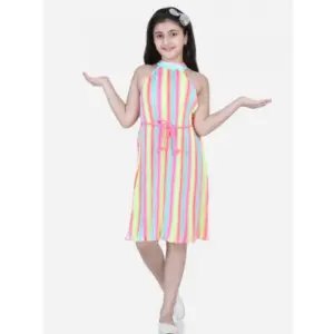 Girl's Polyester Crepe Striped Sleeveless Round Neck Dress (Multicolor)