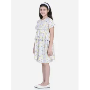 Girl's Rayon Floral Printed Short Sleeve V-Neck Dress (Multicolor)