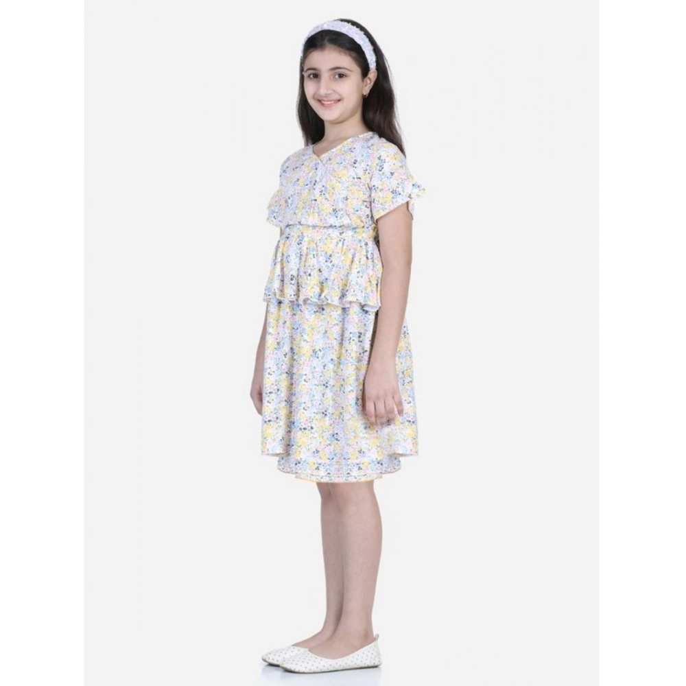 Girl's Rayon Floral Printed Short Sleeve V-Neck Dress (Multicolor)
