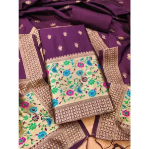 Women's Banarasi Silk Printed Unstitched Salwar Suit Material With Dupatta (Wine, 3Mtrs)