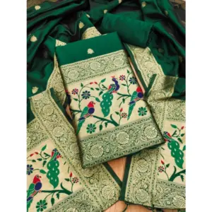 Women's Banarasi Silk Printed Unstitched Salwar Suit Material With Dupatta (Bottle Green, 3Mtrs)