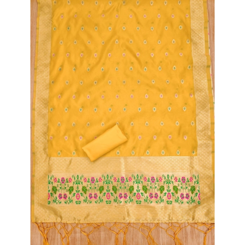 Women's Banarasi Silk Printed Unstitched Salwar Suit Material With Dupatta (Yellow, 3Mtrs) - Image 2