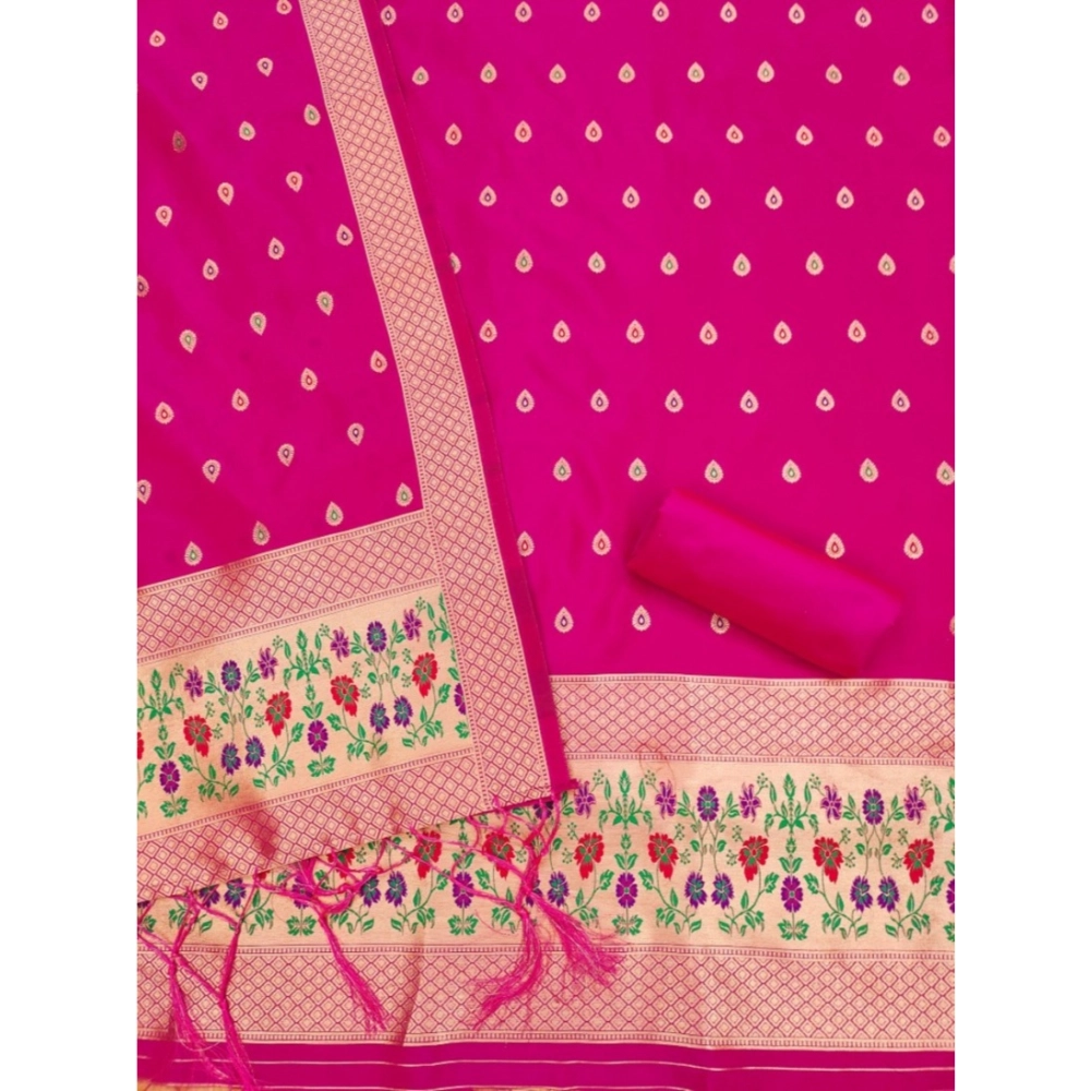 Women's Banarasi Silk Printed Unstitched Salwar Suit Material With Dupatta (Pink, 3Mtrs) - Image 3