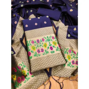 Women's Banarasi Silk Printed Unstitched Salwar Suit Material With Dupatta (Navy Blue, 3Mtrs)
