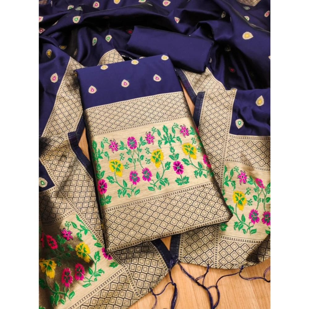 Women's Banarasi Silk Printed Unstitched Salwar Suit Material With Dupatta (Navy Blue, 3Mtrs)