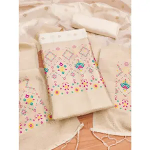 Women's Banarasi Silk Printed Unstitched Salwar Suit Material With Dupatta (White, 3Mtrs)