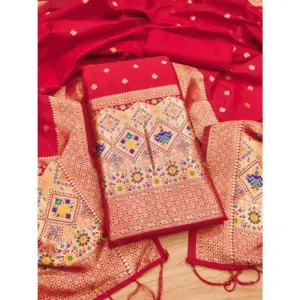Women's Banarasi Silk Printed Unstitched Salwar Suit Material With Dupatta (Red, 3Mtrs)