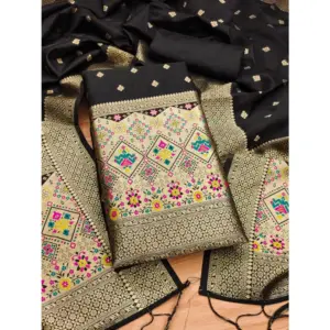Women's Banarasi Silk Printed Unstitched Salwar Suit Material With Dupatta (Black, 3Mtrs)