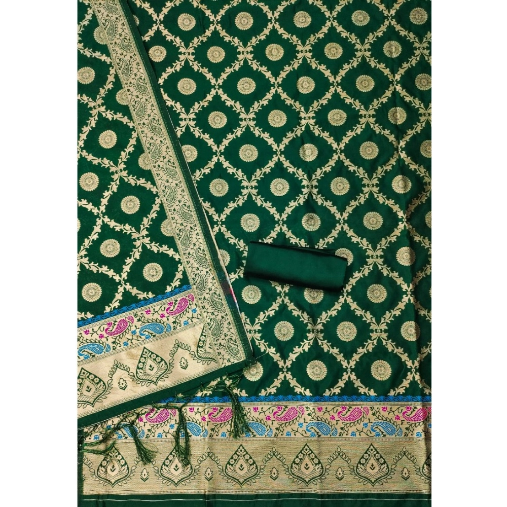 Women's Banarasi Silk Printed Unstitched Salwar Suit Material With Dupatta (Bottle Green, 3Mtrs) - Image 3