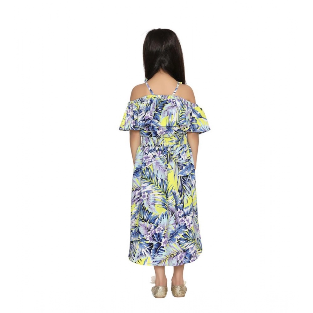 Girl's Polyester Moss Printed Off Shoulder Straps Dress (Blue) - Image 3