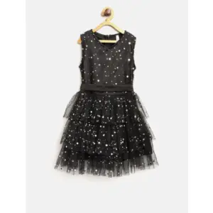 Girl's Net Embellished Sleeveless V-Neck Dress (Black)