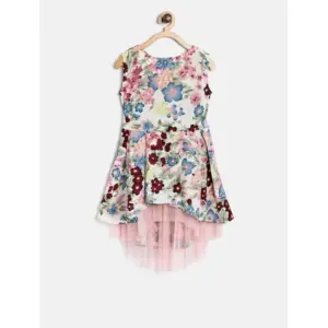 Girl's Polyester Crepe Printed Short Sleeve Round Neck Dress (Multicolor)