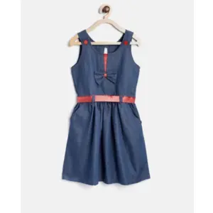 Girl's Denim Solid Sleeveless Round Neck Dress (Blue)