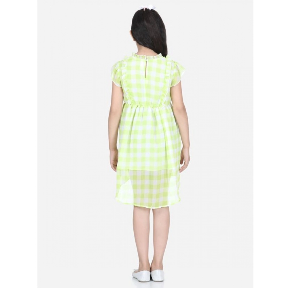 Girl's Polyester Chiffon Solid Short Sleeve Round Neck Dress (Lime Green) - Image 4