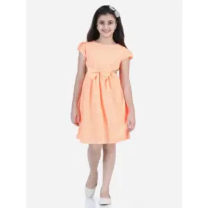 Girl's Polyester Crepe Checkered Short Sleeve Round Neck Dress (Orange)