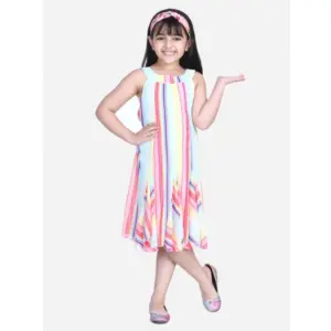 Girl's Polyester Crepe Striped Sleeveless Round Neck Dress (Multicolor)
