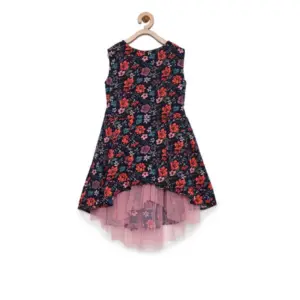Girl's Polyester Crepe Embellished Sleeveless Round Neck Dress (Multicolor)