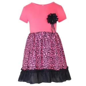 Girl's Polyester Crepe Embellished Short Sleeve Round Neck Dress (Pink)