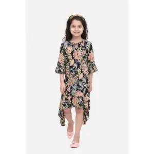 Girl's Rayon Striped Bell Sleeve Round Neck Dress (Multicolor)