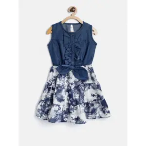 Girl's Denim-Polyester Crepe Solid Sleeveless Round Neck Dress (Blue-White)