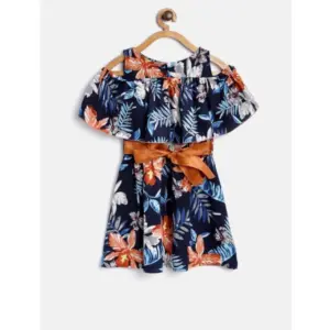 Girl's Polyester Crepe Floral Printed Bell Sleeve Cold Shoulder Neck Dress (Multicolor)
