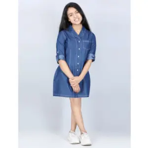 Girl's Denim Solid Long Sleeve Shirt collar Dress (Blue)