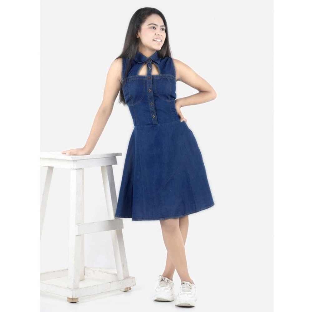 Girl's Denim Solid Sleeveless Shirt collar Dress (Blue) - Image 3