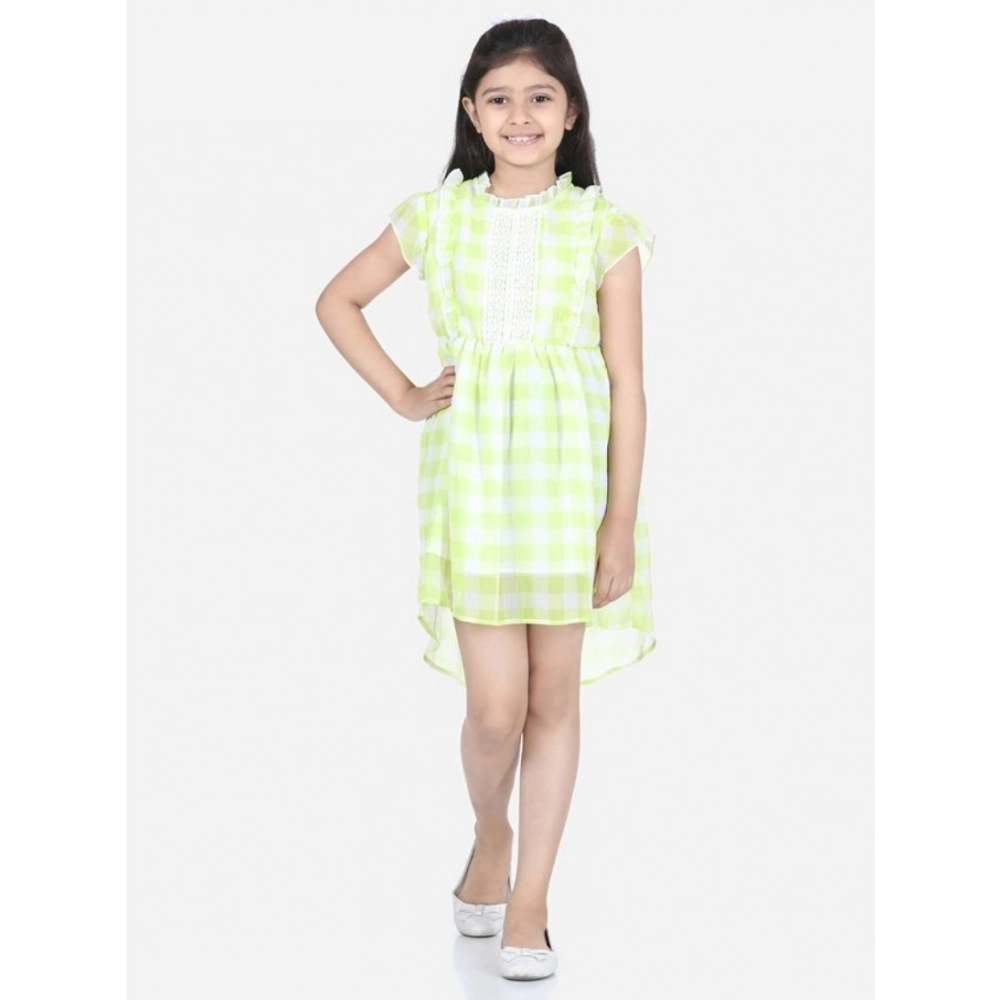 Girl's Polyester Chiffon Solid Short Sleeve Round Neck Dress (Lime Green)