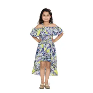 Girl's Polyester Moss Printed Off Shoulder Straps Dress (Blue)