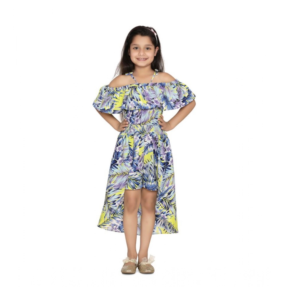 Girl's Polyester Moss Printed Off Shoulder Straps Dress (Blue)