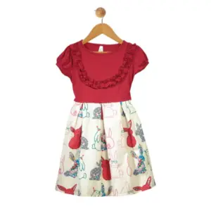 Girl's Cotton Printed Short Sleeve Round Neck Dress (Red-White)