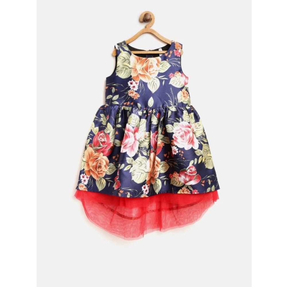 Girl's Polyester Net Net Inset Sleeveless Round Neck Dress (Navy Blue)