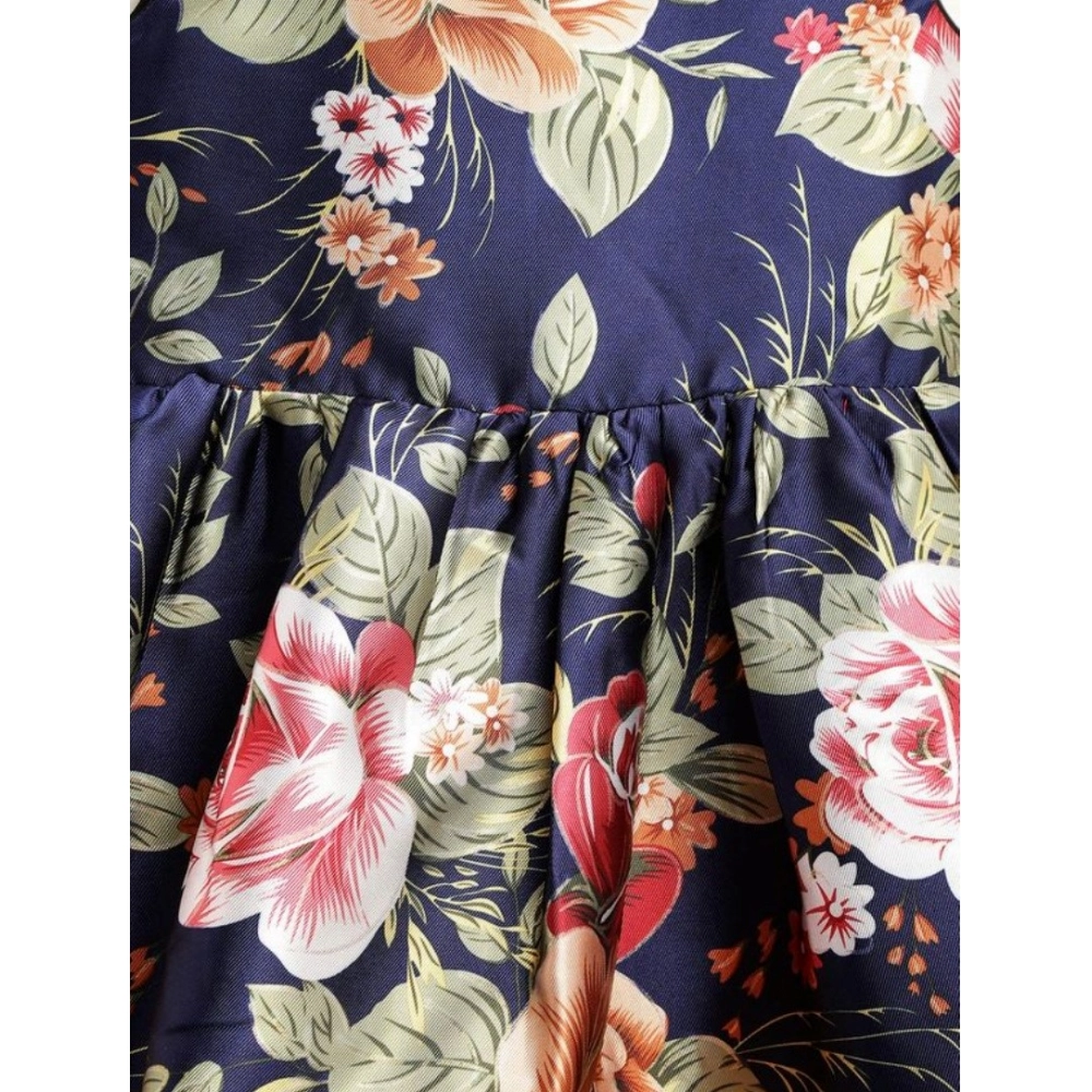 Girl's Polyester Net Net Inset Sleeveless Round Neck Dress (Navy Blue) - Image 3