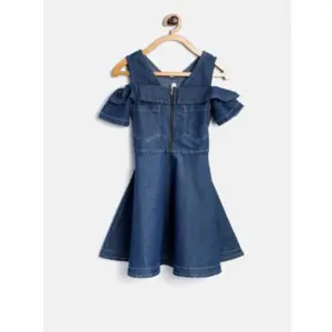 Girl's Denim Floral Printed Bell Sleeve Halter Neck Dress (Blue)