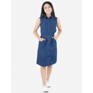 Girl's Denim Solid Sleeveless Shirt collar Dress (Blue)