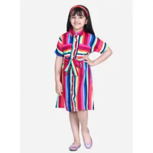 Girl's Polyester Crepe Striped Short Sleeve Shirt collar Dress (Multicolor)