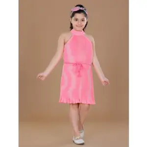 Girl's Polyester Crepe Printed Sleeveless Round Neck Dress (Pink)
