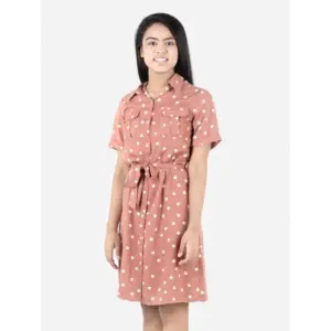 Girl's Polyester Printed Short Sleeve Shirt collar Dress (Brown)