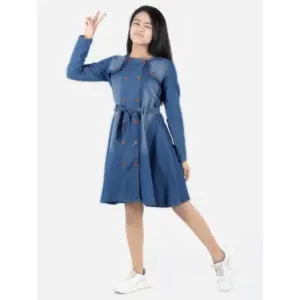 Girl's Denim Solid Long Sleeve Round Neck Dress (Blue)