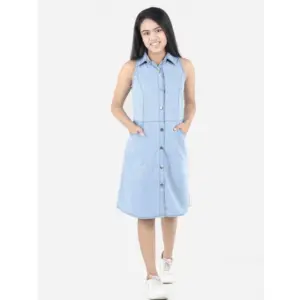 Girl's Denim Solid Sleeveless Shirt collar Dress (Blue)