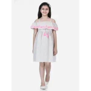 Girl's Cotton Printed Sleeveless Shoulder Straps Dress (Beige-Pink)