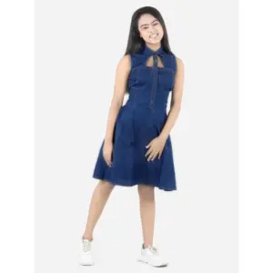 Girl's Denim Solid Sleeveless Shirt collar Dress (Blue)