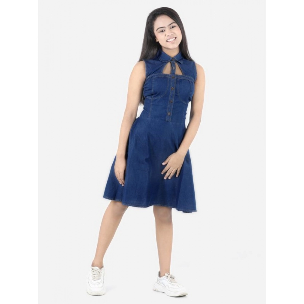 Girl's Denim Solid Sleeveless Shirt collar Dress (Blue)