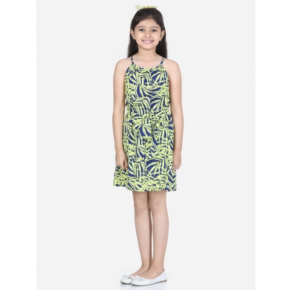 Girl's Polyester Floral Printed Short Sleeve Round Neck Dress (Blue-Yellow)
