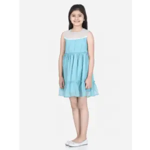 Girl's Polyester Dobby Floral Printed Sleeveless Round Neck Dress (Blue)